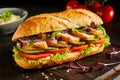 Sliced chicken breast and salad baguette