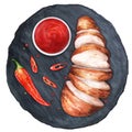 Sliced chicken breast with spices on a stone board. Watercolor illustration