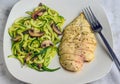 sliced chicken breast with zucchini noodles and mushrooms