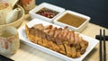 Sliced Chinese boneless roast pork with crispy skin fried pork