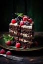 Sliced chocolate cake decorated with strawberry, rapsberries on top, dark wooden table background