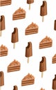 Sliced chocolate cake and chocolate ice cream pattern on white background Royalty Free Stock Photo