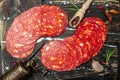 Sliced chorizo sausage spanish tapas, Food recipe background. Close up Royalty Free Stock Photo