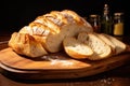 Sliced ciabatta bread on a wooden cutting board, Ciabatta bread sliced on a board, AI Generated