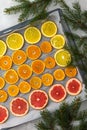 Sliced citrus on baking sheet Royalty Free Stock Photo