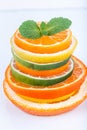 Sliced citrus: oranges, mandarines, lemons, limes, sweetie, grapefruits, witch's broom close-up macro