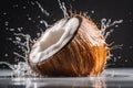 Sliced coconut nut in water splash. Generative AI
