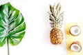 Sliced coconut and pineapple in exotic summer fruit design white background top view mock-up Royalty Free Stock Photo