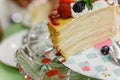Sliced Crape Cake on top with Mixed Berries and Strawberry Sauce