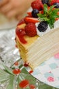 Sliced Crape Cake on top with Mixed Berries and Strawberry Sauce