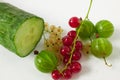 Sliced cucumber with red currants and green gooseberries Royalty Free Stock Photo