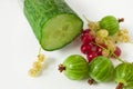 Sliced cucumber with red and white currants and green gooseberries Royalty Free Stock Photo