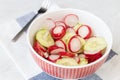 Sliced cucumer and red radishes in salad with fork on the table