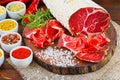 Sliced cured coppa with spices and a sprig of rosemary. Royalty Free Stock Photo