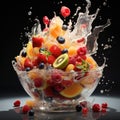 Sliced cut fruits falling into bowl of fruit salad