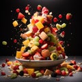 Sliced cut fruits falling into bowl of fruit salad