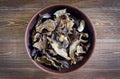 Sliced dried mushrooms lie in a clay plate close-up, top view Royalty Free Stock Photo