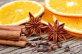 Sliced of dried orange with star anise clove and cinnamon sticks Royalty Free Stock Photo