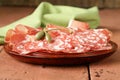 Sliced dried sausage meat (ham, prosciutto, salami) Royalty Free Stock Photo