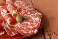 Sliced dried sausage meat (ham, prosciutto, salami) Royalty Free Stock Photo