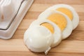 Sliced egg on the egg chopper Royalty Free Stock Photo