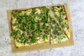 Sliced flammkuchen - Traditional German pizza or french tarte flambee in vegetarian recipe