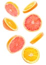 Sliced flying grapefruit and orange falling isolated on white background Royalty Free Stock Photo