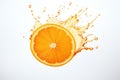 sliced flying orange with splash isolated on white background. cut orange in pieces isolated on white background, AI