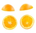Sliced flying orange isolated on white background. cut orange in various pieces isolated on white background. Levity fruit floatin Royalty Free Stock Photo