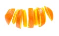Sliced flying orange and lemon isolated on white background. orange and lemon mixed pieces formone fruit. lemon and orange creativ Royalty Free Stock Photo