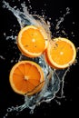 sliced flying orange with splash isolated on black background. cut orange in pieces isolated on white background, AI