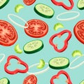 Sliced flying vegetables seamless pattern. Salad ingredients on the green background. Tomato, cucumber, onion and celery slices.