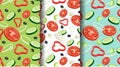 Sliced flying vegetables seamless patterns set. Salad ingredients on the green background collection. Tomato, cucumber, onion and