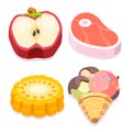 Sliced food vector icons set. Meat, corn, apple, ice cream.