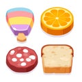 Sliced food vector icons set. Salami, fruit icecream, orange, bread.