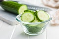 Sliced fresh green cucumber in bowl Royalty Free Stock Photo