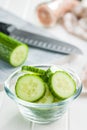 Sliced fresh green cucumber in bowl Royalty Free Stock Photo