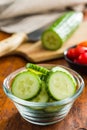 Sliced fresh green cucumber in bowl Royalty Free Stock Photo