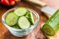 Sliced fresh green cucumber in bowl Royalty Free Stock Photo