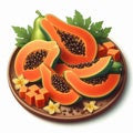 sliced fresh papaya fruit on a flat plate isolated on white background 2 Royalty Free Stock Photo