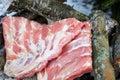 Sliced fresh pork ribs marinated for cooking over a fire or in a smokehouse on a picnic