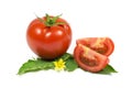 Sliced fresh red tomato on green leaves with yello Royalty Free Stock Photo