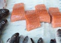 Sliced fresh salmon on ice sold with other raw fishes