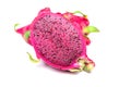 Sliced fresh and sweet red dragon pitahaya fruit. Isolated on the white background. Close up view