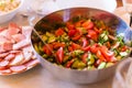 Sliced fresh vegetable salad of tomatoes , cucumbers and green onions with olive oil Royalty Free Stock Photo