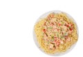 Sliced fried chicken fillet in a creamy sauce. with capellini pasta. top view. isolated Royalty Free Stock Photo