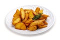 Sliced fried potatoes, Creole-style with spices. On a white plate