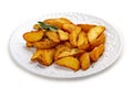 Sliced fried potatoes, Creole-style with spices. On a white plate