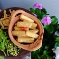 Sliced fried tofu with ginger for simple homemade vegan food