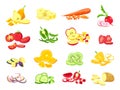 Sliced fruit and vegetable. Cartoon vegetarian food cutted slices, rings and pieces. Fruits half cut of orange, apple